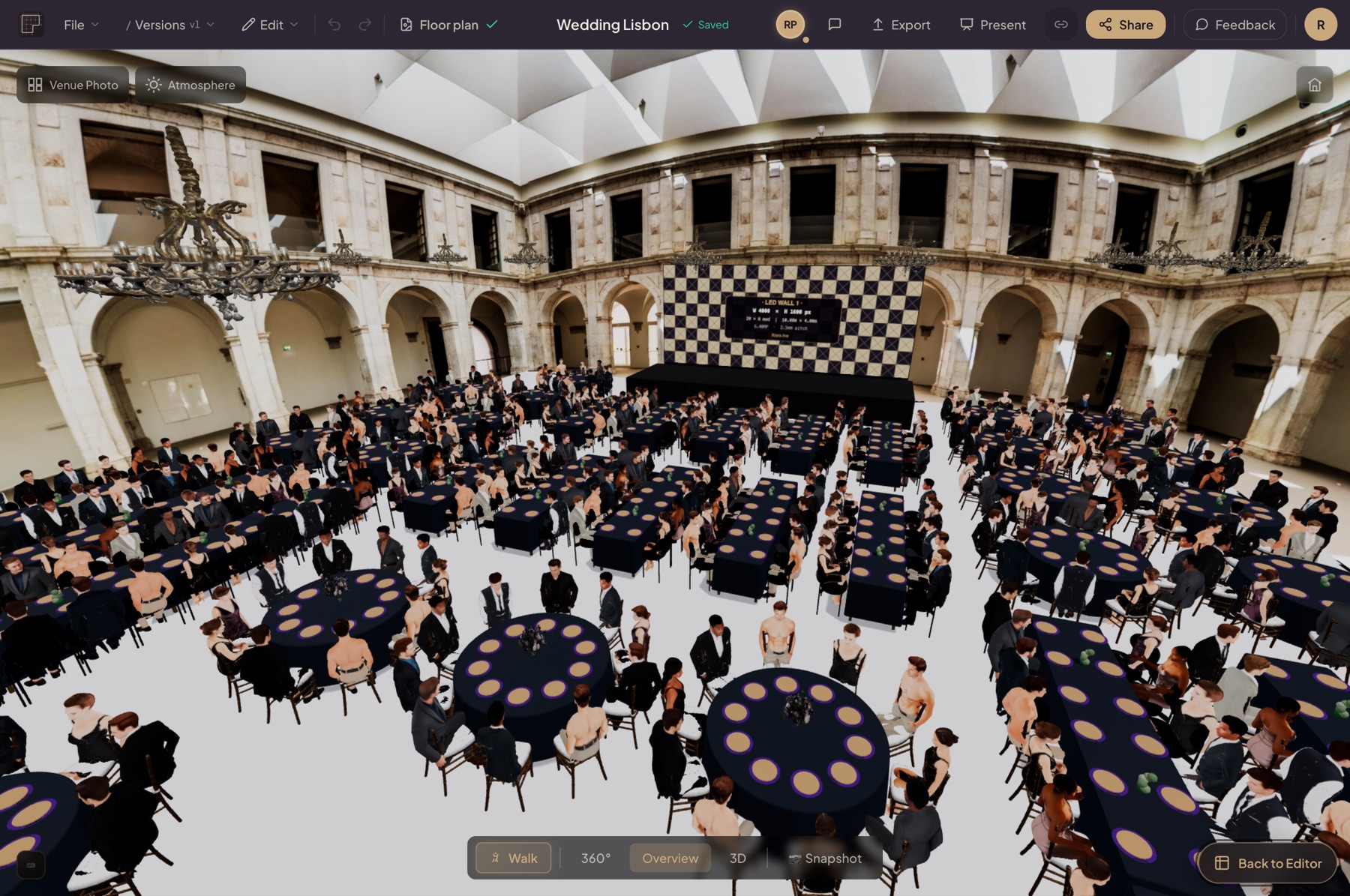 A wedding designed in Floors.live — tables, stage and guests rendered inside the venue's own 360° space
