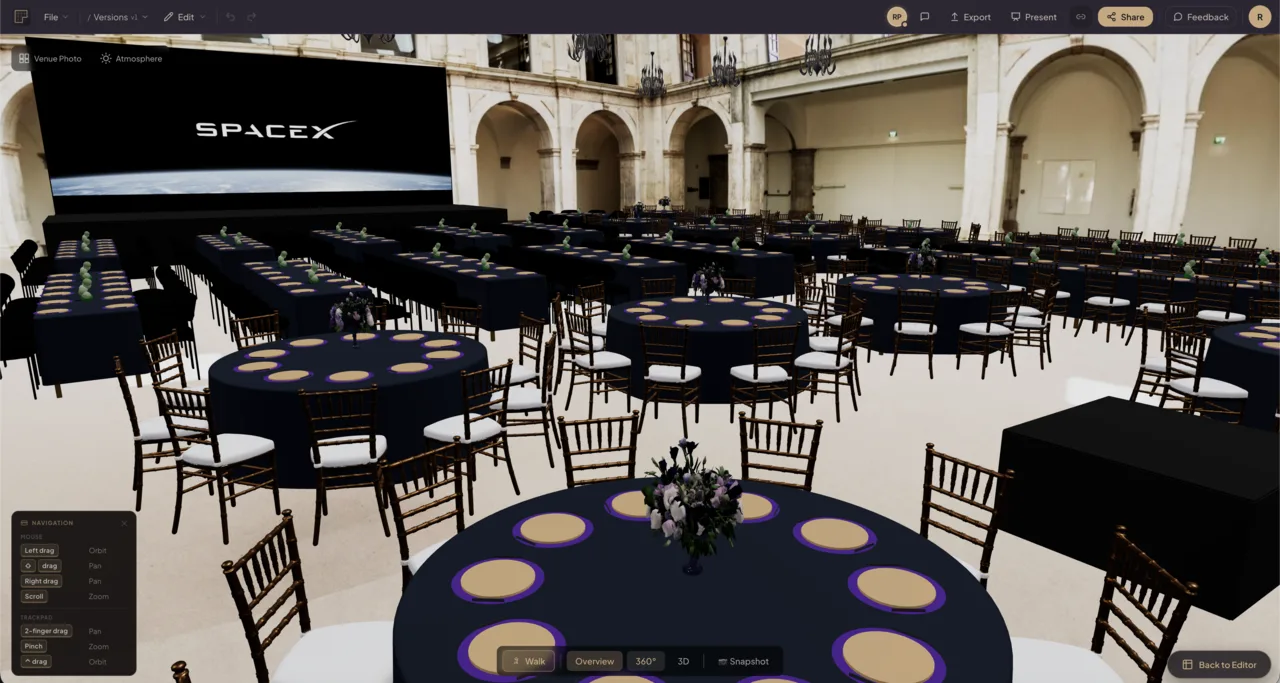 A furnished event space designed in Floors.live's photorealistic 3D view